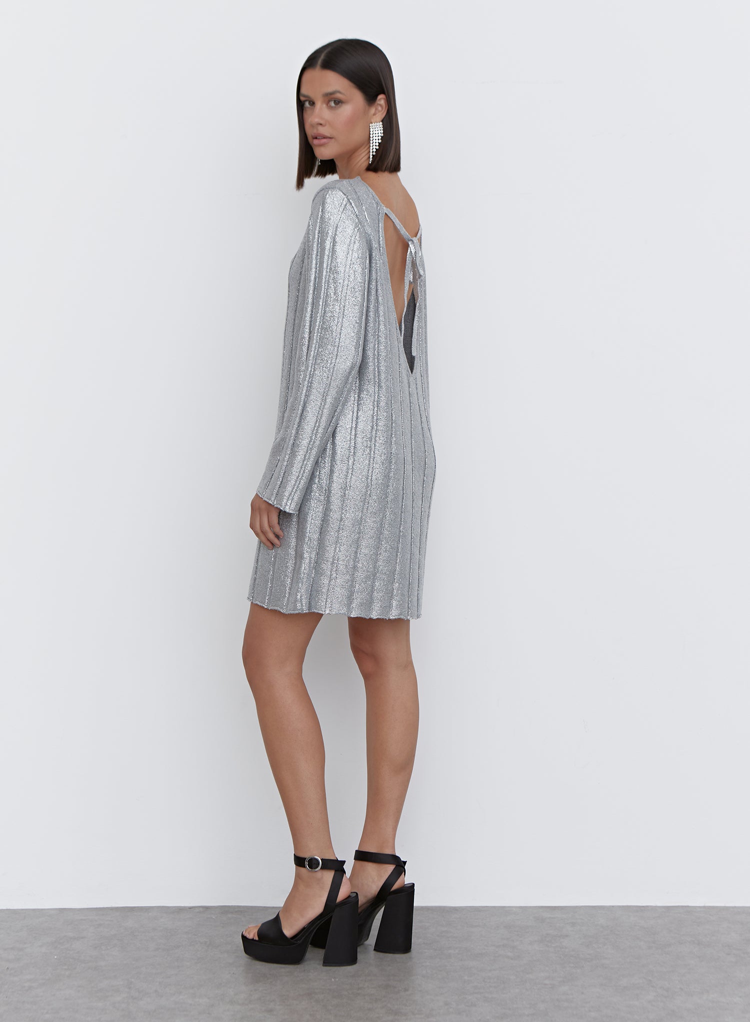 Silver Metallic Knit Tie Back Jumper Dress